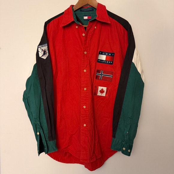 Tommy Hilfiger Other - Tommy Hilfiger Vintage Colorblock Flag Patch Ski Shirt Mens Large Red Green